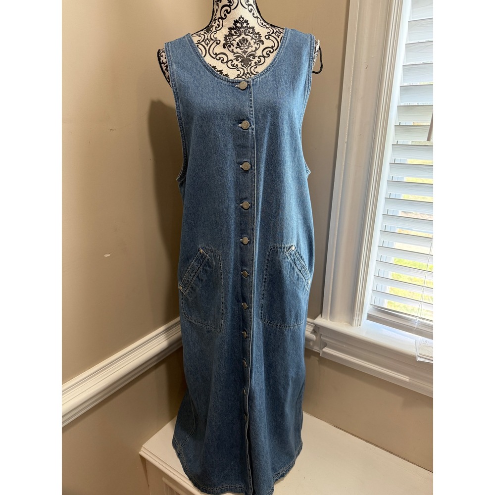 Vintage Denim Maxi Jumper Dress Blue Button Front Large 90s Modest Cottagecore